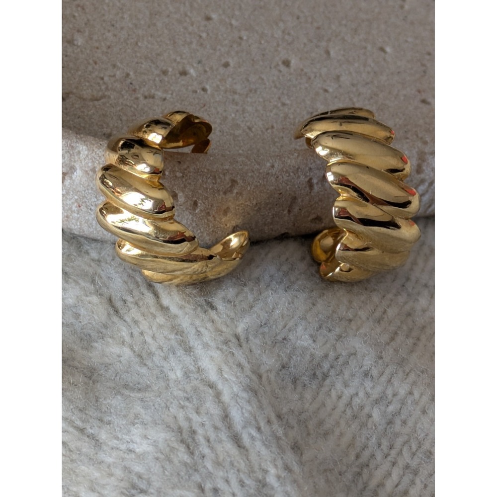 Sculptural Gold Tone Hoop Earrings Chunky Wide Statement Twisted Modernist‎